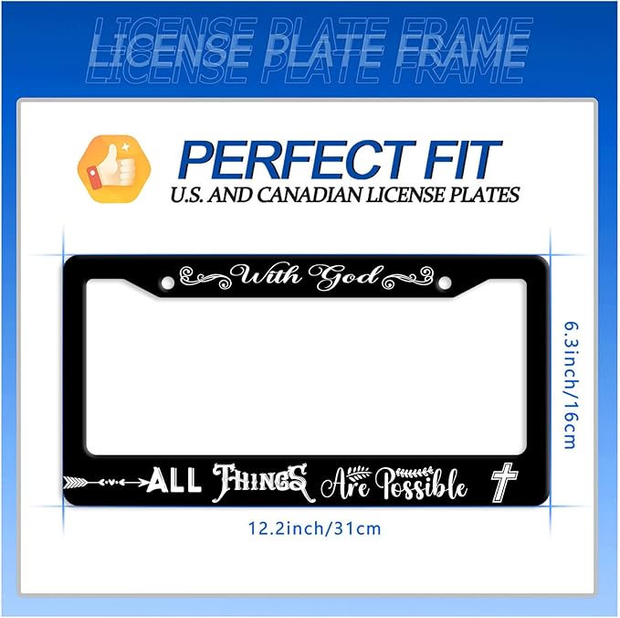 with God All Things are Possible License Plate Frame Christian License Plate Stainless Steel Funny License Plate Holder Men Women Personalize Jesus Cross Car Accessory Decoration 12.3" x 6.3"