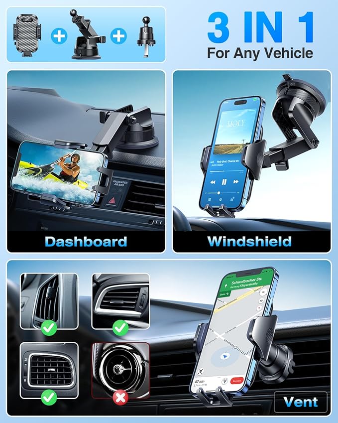 [2025 True Military-Grade] Car Phone Holder VANMASS [Upgraded Strongest Suction & Clip] Cell Phone Mount for Dashboard Windshield Vent,Truck Cradle Stand for iPhone 16 Pro Max 15 14 13 Samsung Android