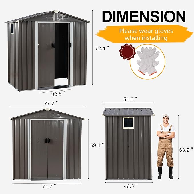 Shintenchi 6x4 FT Outdoor Storage Shed with Window, Lockable Outdoor Waterproof Tool Storage Sheds, Weather Resistant Tool Storage House Shed for Garden, Backyard, Patio Utility and Tool Storage, Gray