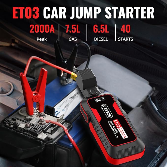 S ZEVZO ET03 Car Jump Starter 2000A Jump Starter Battery Pack for Up to 7.5L Gas and 6.5L Diesel Engines, 59.2Wh Portable 12V Jump Box with USB Ports, LCD Display, Storage Case, and LED Light