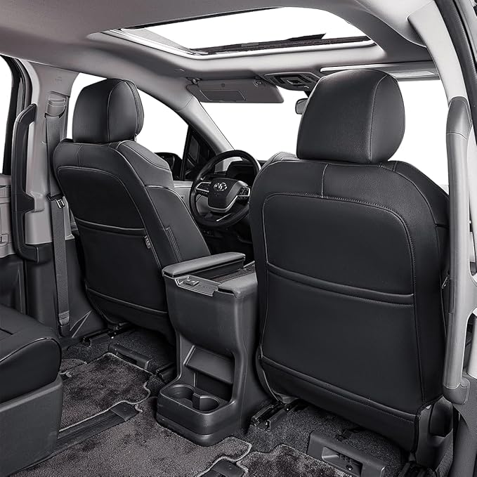EKR Sienna Seat Covers for 2021-2025 Toyota Sienna XLE,XSE,Limited,Platinum,7 Seats,2nd Row Captain Chairs W/NO Legrest,Waterproof Seat Covers Full Set for Cars,Car Seat Protectors -Leather(Black)