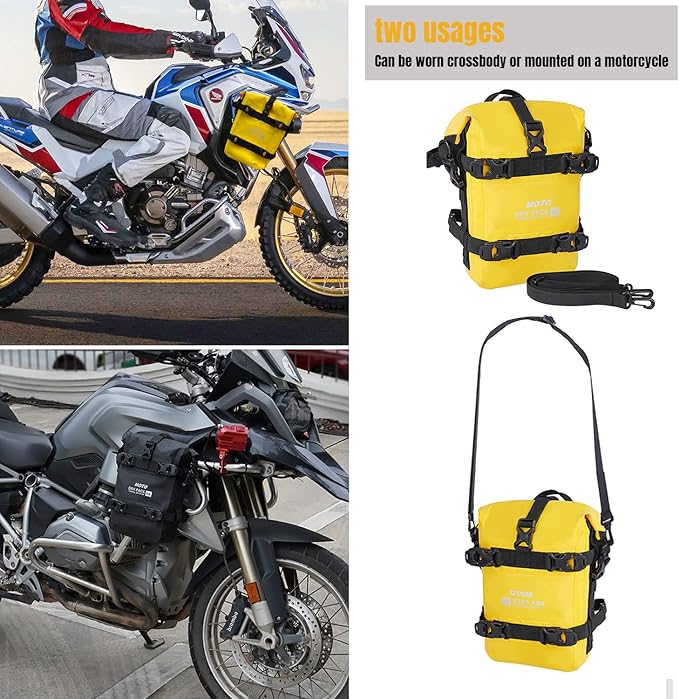 Motorcycle Tail Bag Front Bumper Bag, 8L Roll-top Waterproof Motor Saddle Panniers Luggage Bags for Bike Motorcy-Yellow