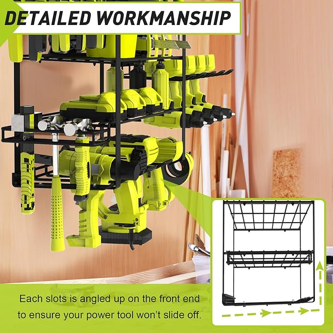 5 Layers 2 IN 1 Power Tool Organizer Wall Mount for Dad, 8 Cordless Drill Holder Garage Organization Heavy Duty Metal Loads 250LBS, Garage Shelving for Garden Power Tool Storage, Tool Rack for Men