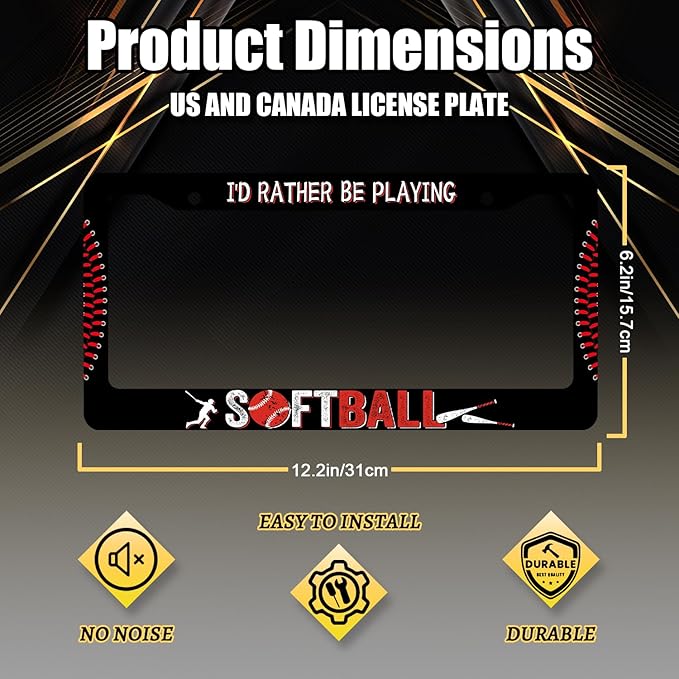I'd Rather Be Playing Softball License Plate Frame Balls License Plate Stainless Steel Funny Black Accessories Cars Decor 12.2 X 6.2 Inch with 2 Holes and Screws Fits Standard Us Ca Vehicles