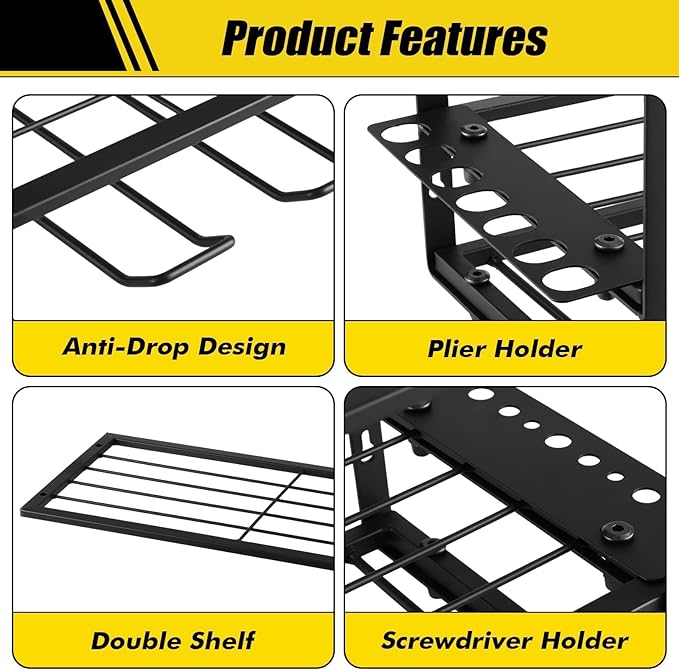 Power Tool Organizer Wall Mount, 2 Pack 3 Layers Garage Wall Shelving, 8 Drill Holder Wall Mount, Cordless Tool Organizer, Garage Storage Rack with 4 Extension Cord Holder