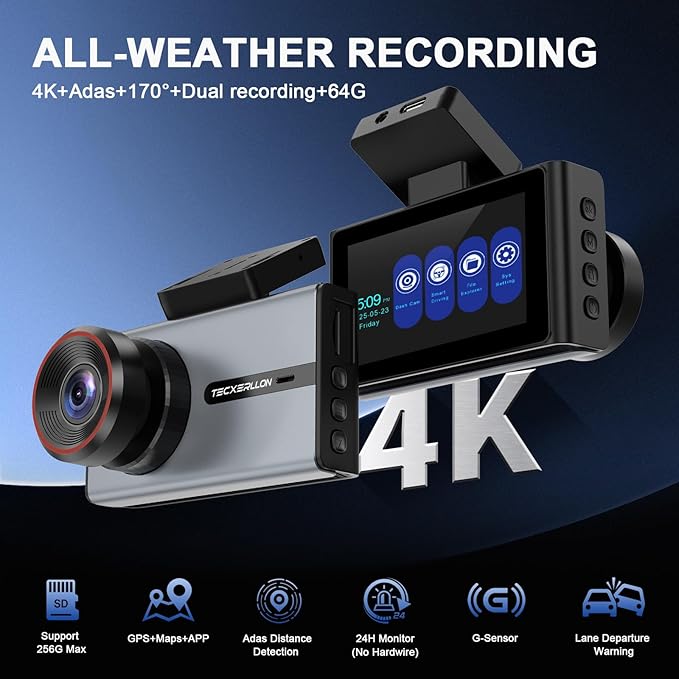 Dash Cam, 4K Dash Cam Front and Rear with ADAS, 170°/150° Wide View, Starlight Night Vision, GPS, WDR, G-Sensor, App Support, 24H Parking Mode, 64GB Card Included