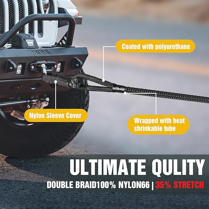 GODIAG 1"×30ft Kinetic Recovery Tow Rope (46500lbs) Heavy Duty Energy Rope with 2 Soft Shackles, 30% Elasticity Offroad Power Strap for Truck Jeep Car ATV UTV Tractor