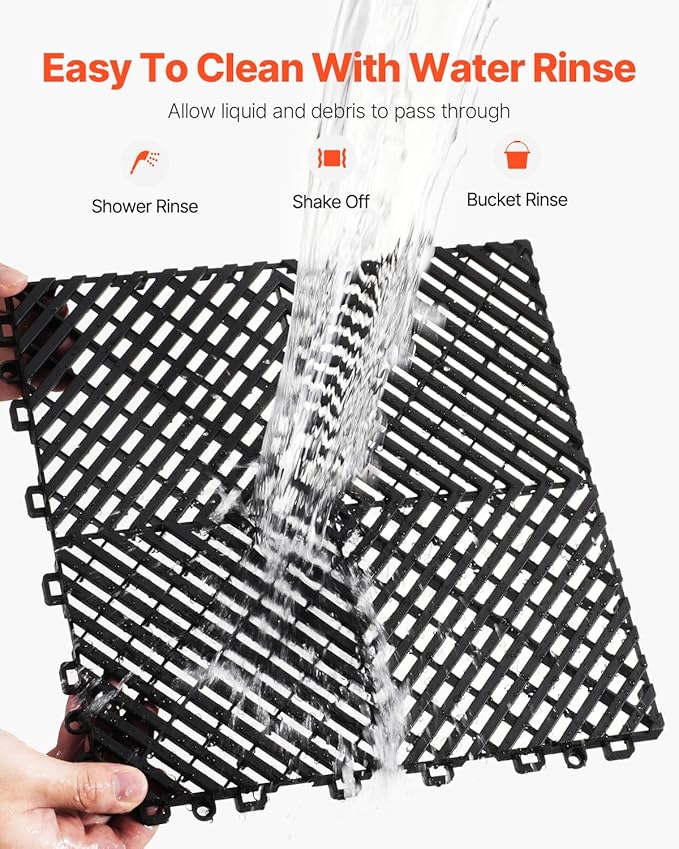 VEVOR Interlocking Drainage Mat, 12” x 12” Modular Interlocking Cushion, 24 Pcs Splicing Drainage Mats, Non-Slip Black PP Drainage Floor Tile and Shower Mat, for Garage, Garden, Kitchen & Outdoor