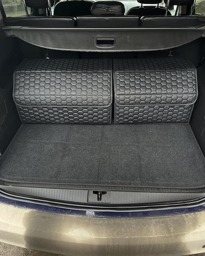 Car Storage Organizer Bundle - Two Foldable Crates For Groceries, Gear & Trips - Durable SUV And Truck Storage Set - Thoughtful Birthday Gifts For Drivers (Black 17+21)