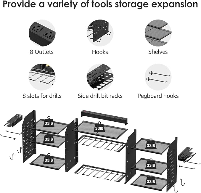CCCEI Black Large Tools Organizer Wall Mount Charging Station, 39 Inch Long Power Tool Battery Storage Rack with 10FT Power Strip. 8 Drill Holder, Garage Utility Shelves. Pegboard Hanging Extension.