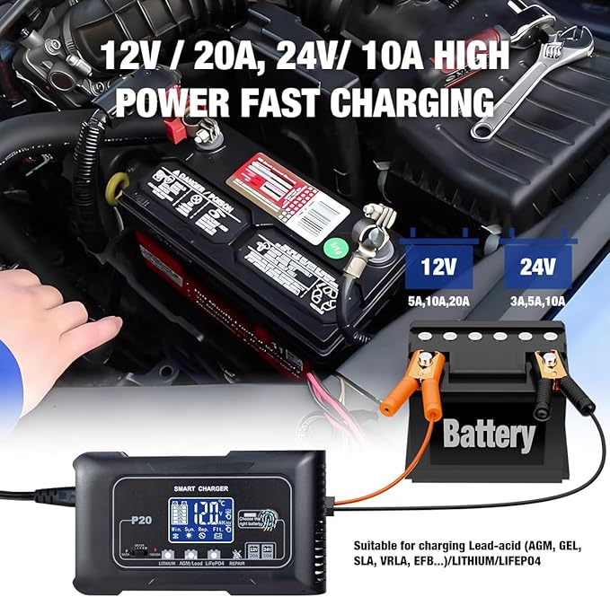 20A Smart Battery Charger 12V/24V, Automatic Charger & Maintainer for Lithium, LiFePO4, and Lead-Acid (AGM/Gel/SLA) Batteries, Trickle Charging for Cars, Boats, Motorcycles