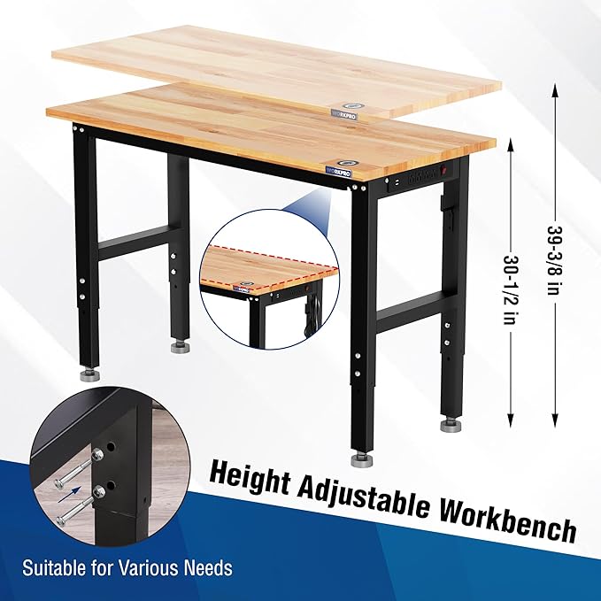 WORKPRO Garage Workbench, 48"X22" Adjustable Workbench with Wheels and Leveling Foot, Rubber Wood Top Work Desk with Power Outlets, 1500 LBS Workbenches for Garage, Workshop