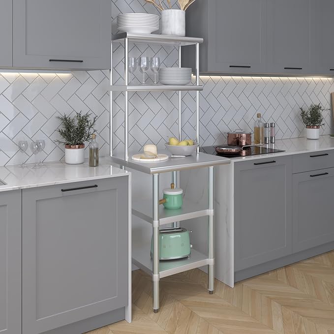 Amgood Stainless Steel Work Table with 2 Shelves | Metal Kitchen Prep Table & Shelving Combo (24" x 24" Table with 2 Shelves + 12" Overshelf)