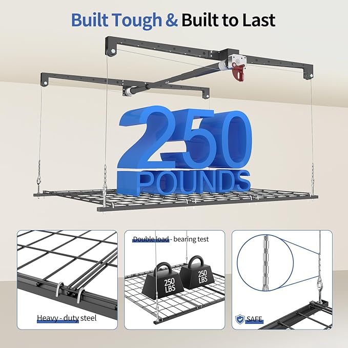 Overhead Garage Storage Rack, Heavy-duty 4x4 Ft Ceiling Storage Racks with Safety Lock, Ideal for Garage Storage Mounted Lift System and Storage Organizer, 250lbs Capacity