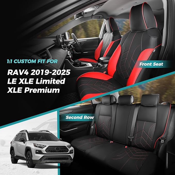 for Toyota RAV4 Seat Covers 2019 2020 2021 2022 2023 2024 2025 RAV 4 LE XLE Limited XLE Premium (Gas not for Hybrid) - Custom Leather Car Seat Covers Full Set - BlackRed