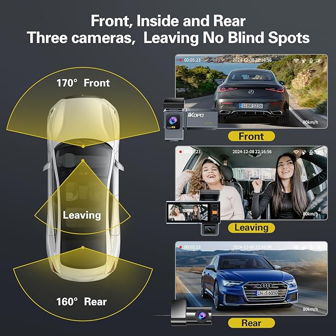4K Dash Cam Front and Rear and Inside, UHD 2160P Night Vision 3 Channel Dash Camera for Cars, 3.16'' IPS Screen Dual Dashcam with Speed Recording, App Control,24H Parking Mode,G-Sensor