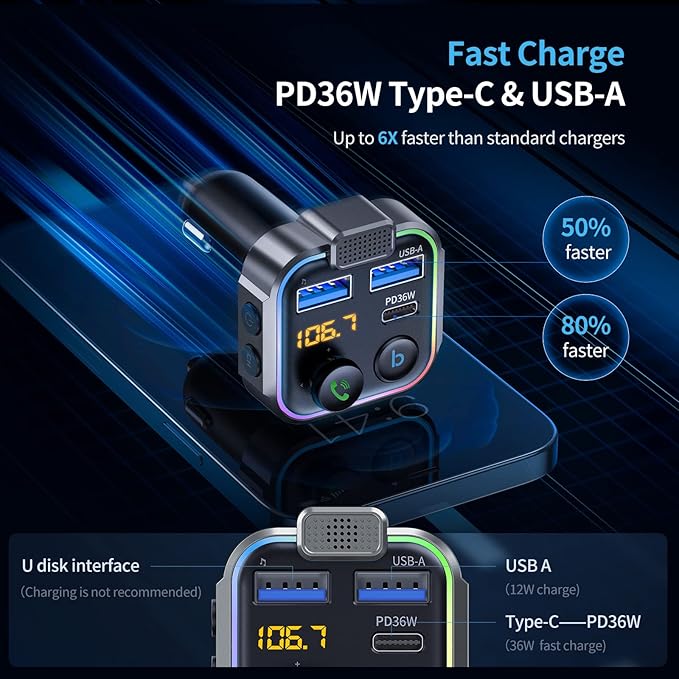 UNBREAKcable Bluetooth FM Transmitter for Car, PD 38W Fast Charging, Wireless Bluetooth FM Radio Adapter, Car Kit with Hands-Free Calls, HiFi Bass Boost MP3 Music Player Support USB Drive