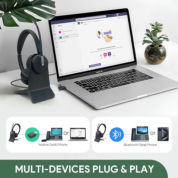 Yealink WH64 Hybrid DECT& Bluetooth Wireless Headset,492ft Range Dual Teams UC Zoom Headphones with DECT Dongle&Charging Stand, 3X Noise Cancelling Mic, 32H Talk Time,Headsets for PC,Phone,Laptop