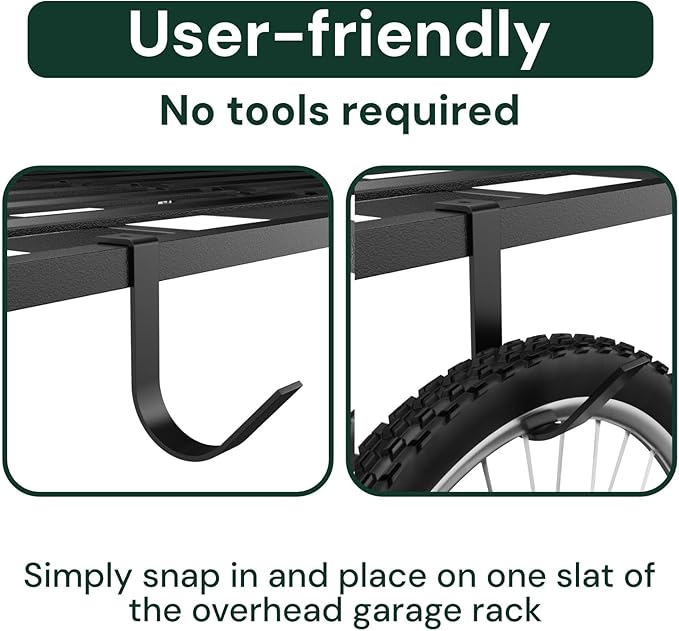 SunsGrove Heavy-Duty 4-Pack Overhead Garage Ceiling Storage Hooks, Add-On Storage Rail Hook Accessory for Hanging Bikes and More, Supports Up to 66lbs