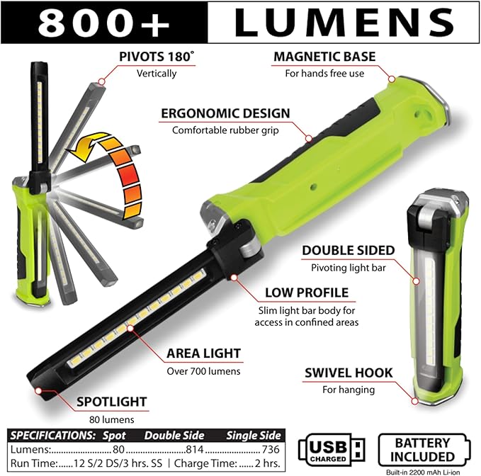 Performance Tool W2670 Double Sided Pivoting Light Bar with 800+ Lumens, Magnetic Base and Rechargeable Battery for Hands-Free Use in Confined Areas