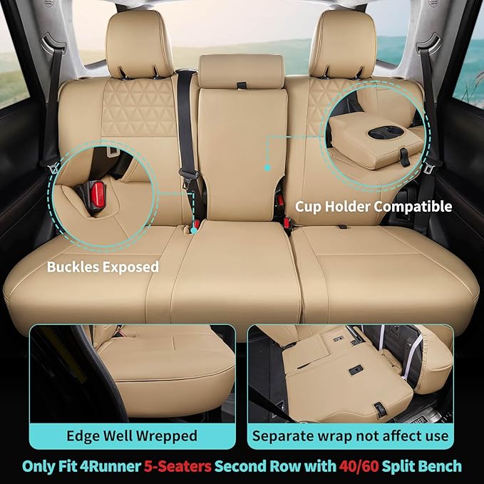 Seat Covers for Toyota 4Runner 2011-2024, Faux Leather Car Seat Cover Full Set, 2-Row-Only for 5 Seats Version-Beige