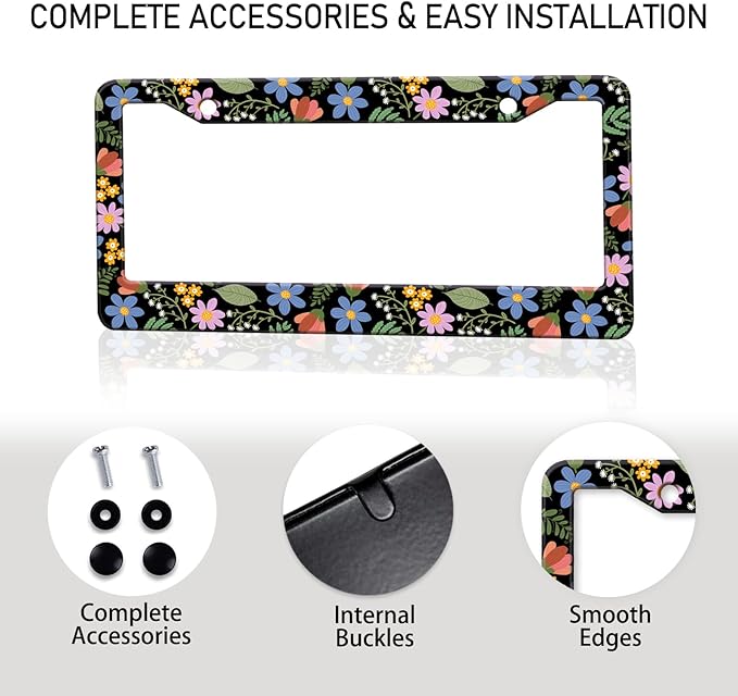 Florals License Plate Frame for Women, Blue Flowers License Tag Frames Holder Covers, Metal Aluminum Rustproof Car Accessories for Us Canada Standard, Girly Car Decorative with 2 Holes and Screw Caps