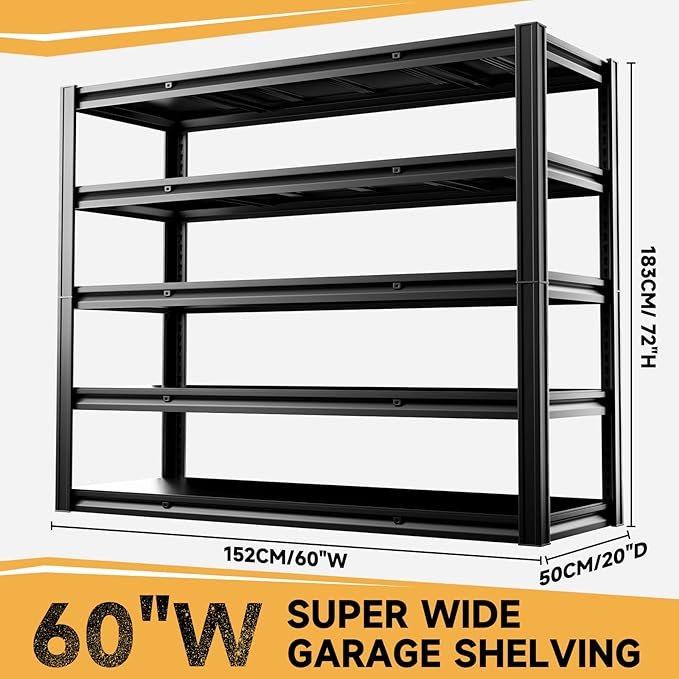 5-Tier 60" W x 20" D x 72" H Garage Shelving Metal Storage Rack 3000LBS Garage Shelving Heavy Duty Adjustable Storage Shelves Unit for Industrial Warehouse Basement Utility Shelf (Black)