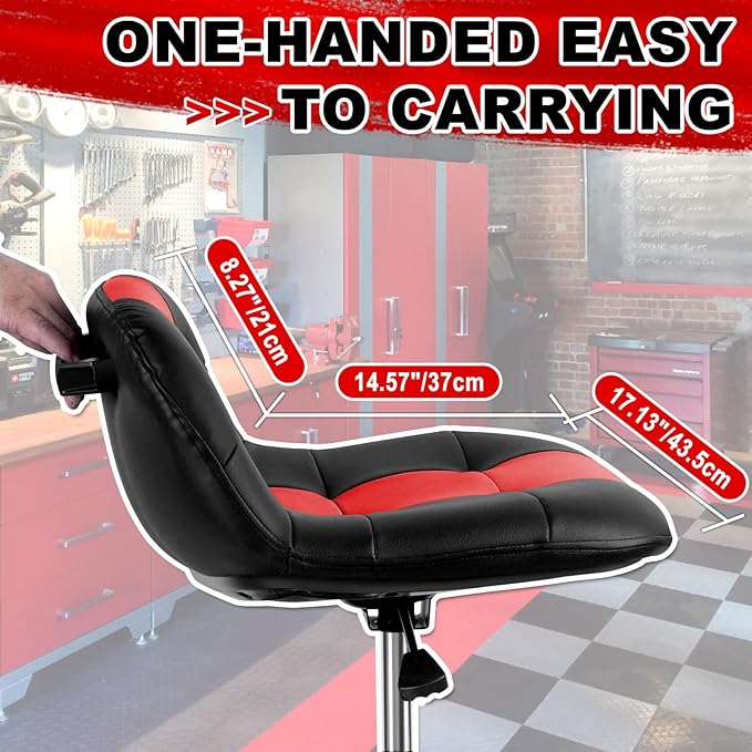 Rolling Stool with Wheels, Adjustable Height Pneumatic Garage Work Mechanic Stool Seat with Backrest, 400 LBS Capacity 360° Swivel Mechanic Crepper Chair with Tool Tray Storage, Red