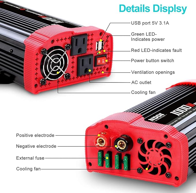 1000W Car Power Inverter, DC 12V to AC 110V Car Inverter with Dual AC Outlets and Dual 3.1A Quick Charging USB Port Car Adapter