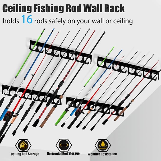 Wall or Ceiling Fishing Rod Storage Rack Vertical Horizontal Holder with 16 Capacity Fishing Rods Reels Mounted Roof Carrier Hooks Hanger for Garage Cabin and Basement Gear Accessories