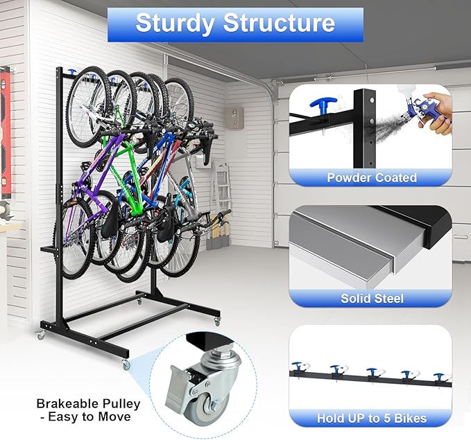 Freestanding Bike Storage Rack, Hold Up to 5 Bikes Sturdy Steel Bicycle Rack, Bike Storage Racks for Garage Organizer, Indoor and Outdoor Bike Storage Rack