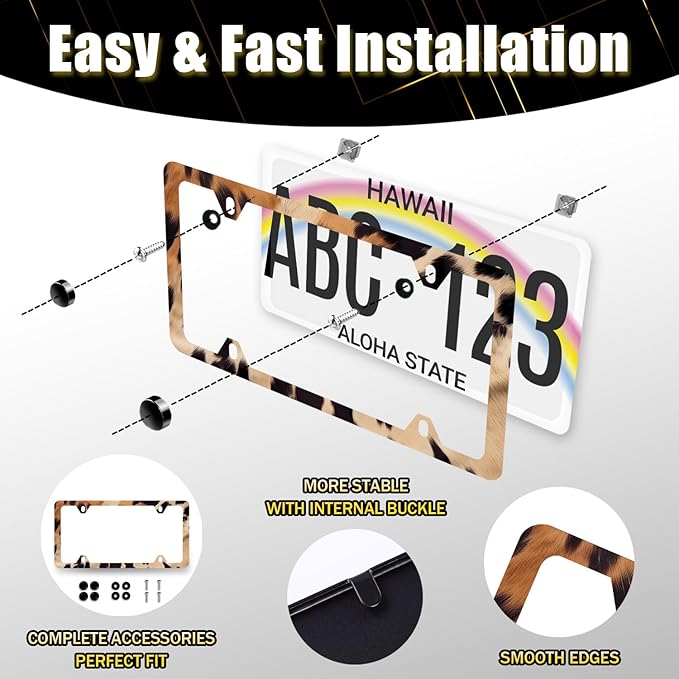 Vintage Brown White Cow Print License Plate Frame Animal Spots License Plate Stainless Steel Colorful Accessories Cars Decor 12.2 X 6.2 Inch with 4 Holes and Screws Fits Standard Us Ca Vehicles