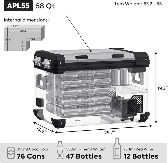 ICECO APL55 Dual Zone Portable Refrigerator Bluetooth Controlled, 55 Liter 12v refrigerator with SECOP Compressor, DC 12/24V, AC 110-240V, for Truck, Car and Home, -4℉~68℉(Silver)
