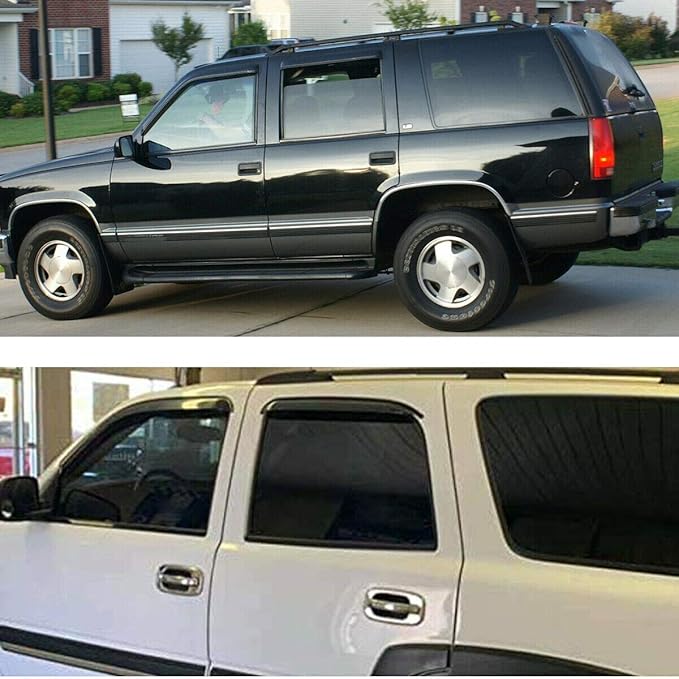 Lightronic Extra Durable Tape-on Auto Vent Window Visor, Fit 2000-2006 Chevrolet Tahoe & GMC Yukon, 2001-2006 Yukon Denali, 2002-2006 Cadillac Escalade, Original Wind Deflector Rain Guard, Smoke, 4Pcs