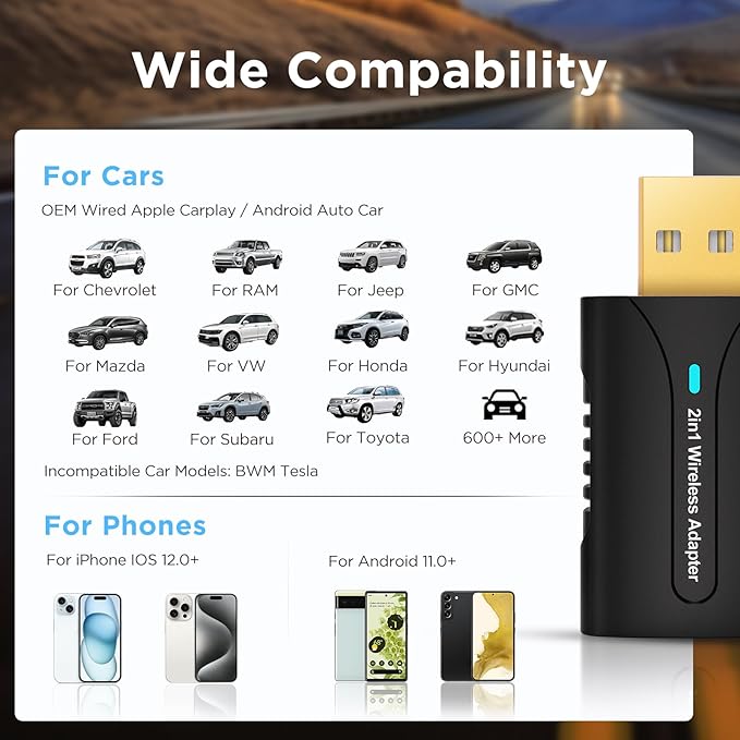 2in1 CarPlay Android Auto Wireless Adapter, Mini Car Play Cars Stick, Fast Auto Connection for OEM Wired Car Play Model 2017 Above, for iPhone iOS 12 /Android 11 Above，Black