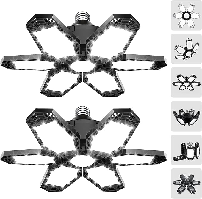 TANBABY 2 Pack LED Garage Lights, 150W Deformable Best Ceiling Shop Lights, 15000LM LED Light 6500K Garage Lighting with 6+1 Adjustable Panels Bulb for Basement