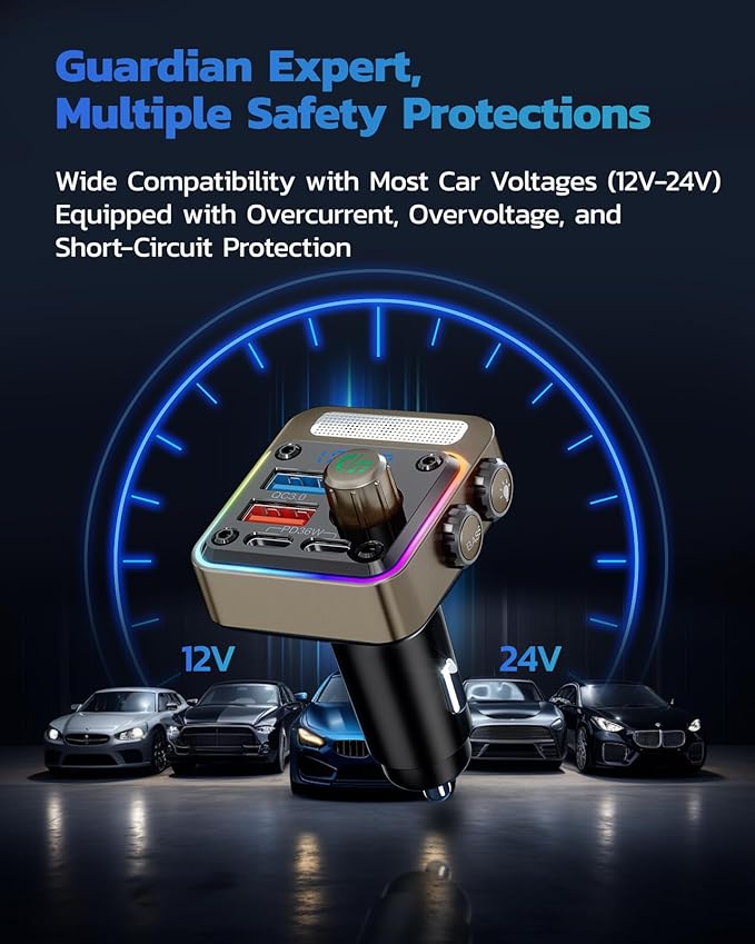 Nulaxy 54W Bluetooth 5.3 Car Adapter with 4 Charging Ports [PD 36W & QC3.0 18W], Wireless Radio FM Transmitter with Deep Bass Player & 5 Colors LED Backlit, Hands-Free Calling - Gold