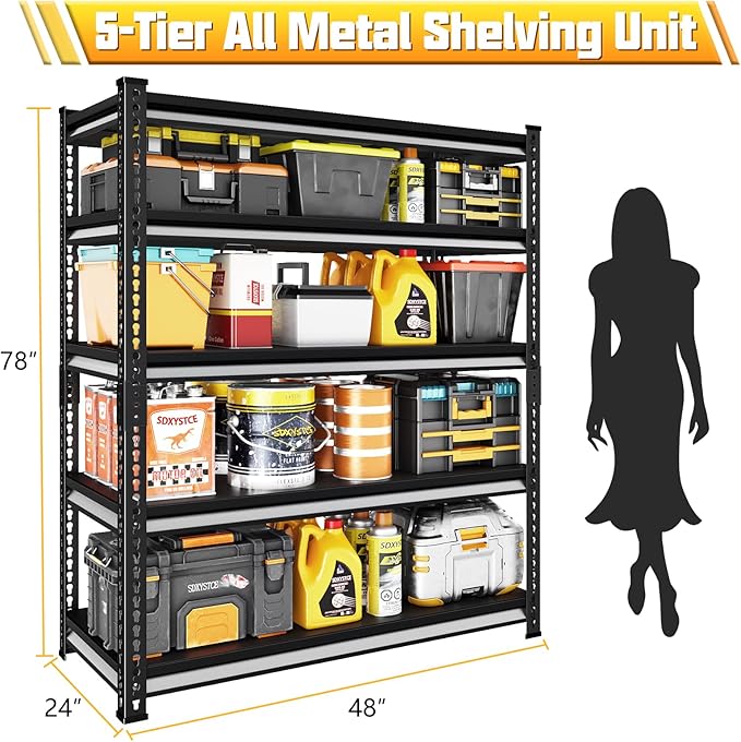 48" W Garage Shelving Heavy Duty, 3000LBS Loads Adjustable Garage Storage Shelves, 5-Tier Metal Shelving Units and Storage Racks, Industrial Utility Shelf,48" Wx24 Dx78 H, Black
