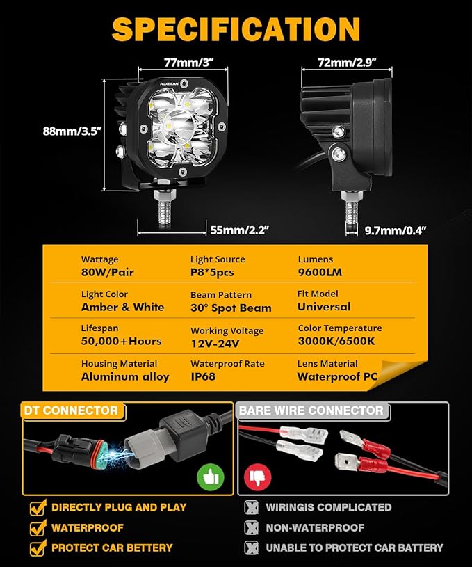 Auxbeam 3 Inch LED Pods, XP-Ultra Series Offroad LED Cube Light, 80W 9600LM Spot Beam White Spotlight Amber Fog Ditch Lights Auxiliary Driving Lights for 4×4 Jeep Truck ATV UTV, Pair