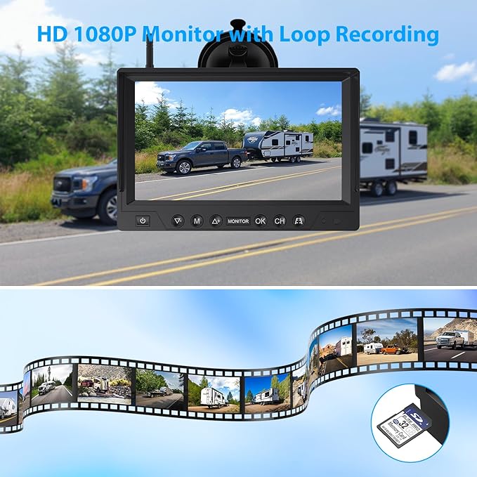 3 Magnetic Solar Wireless Backup Camera System, Quad RV Rearview Backup Cameras Wireless System with HD1080P 9 Inch DVR Monitor for Trailer RV Trucks, Built-in 9600mAh Solar Battery, BL903