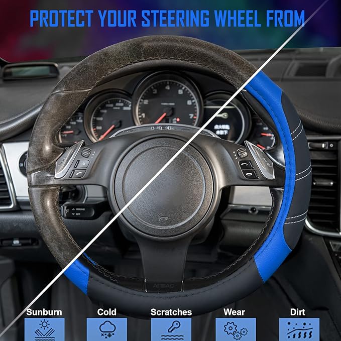 CAR PASS Line Rider Microfiber 14 Inch Leather Sporty Steering Wheel Cover Universal Fits for Truck,SUV,Cars, Anti-Slip Safety Comfortable Desgin (Black-Blue)