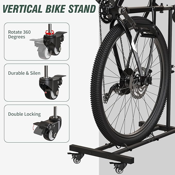 Vertical Bike Stand, Upright Bike Parking Rack Floor, Adjustable Bicycle Storage for Wheels Sizes up to 29", Freestanding Bicycle Organizer with Swivel Casters, Indoor Bike Holder for Garage Apartment