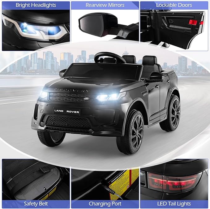 Costzon 12V Kids Ride On Car, Licensed Land Rover Electric Vehicle w/Remote Control, Lockable Doors, Slow Start System, LED Lights & Speed Switch Sound, Music & Horn, MP3 & USB (Black)