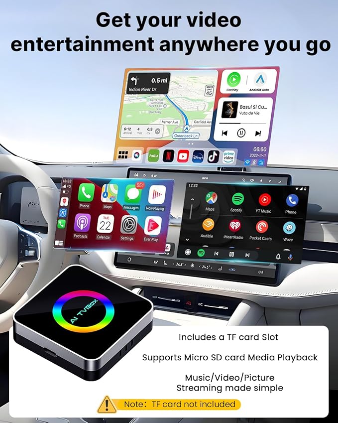 Sehawei Wireless CarPlay & Android Auto Adapter 2025 - Built-in Netflix, YouTube & TF Card Slot - Plug and Play, Convert Wired to Wireless - Compatible with 2015+ Cars, iOS 10+/Android 11+
