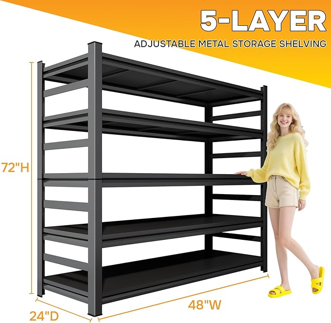 Metal Garage Shelving,48" Wx72 H Heavy Duty Storage Shelves-Easy to Assemble,5 Tier Adjustable 3600 lbs Capacity Metal Storage Utility Rack Shelf Unit for Warehouse Pantry Office Kitchen, Black
