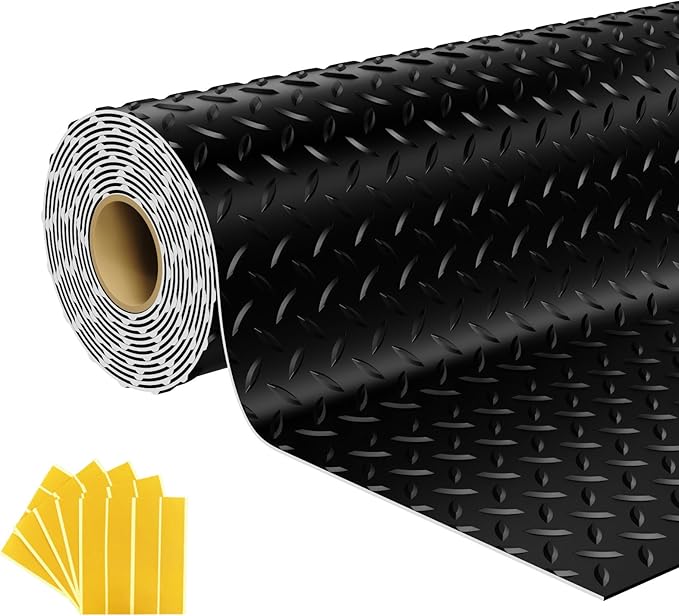 7.5x20 FT Garage Floor Mat, 2.8mm Thickened Flooring Roll with 20Pcs Tapes, Diamond Plate PVC Rubber Trailer Mat, Non-Slip Floor Protector Mat for Garage, Warehouse, Gyms, Trailer(Black)