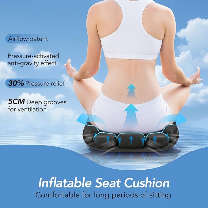 Travel Seat Cushion, 3D Air Inflatable Pressure Relief Cushion for Hemorrhoid and Tailbone Pain Relief, Optimal Support for Long Sitting in Car, Air Travel, Office Chairs, Home Living (Black)