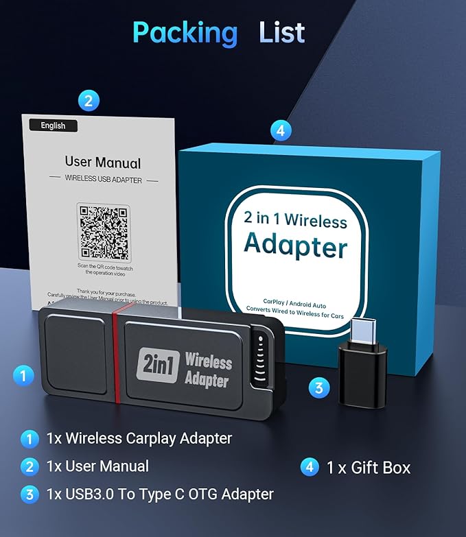 Wireless Carplay Adapter, 2025 Upgrade Mini USB Design for Car Play & Android Auto, Easy Use Fast Stable Connection for iPhone