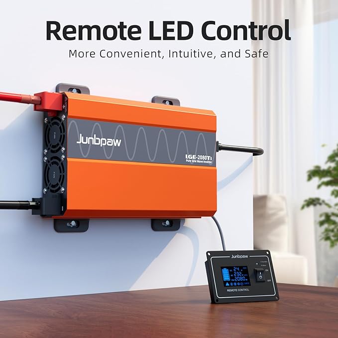 2080W Pure Sine Wave Inverter, 12V DC to 110V/120V AC, 6000W Peak, 5V/2.1A USB, Quiet Fan, Capacitor, Off-Grid Solar Power for RV, Camping, Emergency, Truck (LGE-24-2080TI)