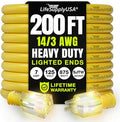 200ft Outdoor/Indoor Extension Cord 14/3 Gauge Heavy Duty 3 Prong SJTW, Waterproof, Flexible Cold-Resistant Long Power Cord,7A 125V 875W, Yellow by LifeSupplyUSA